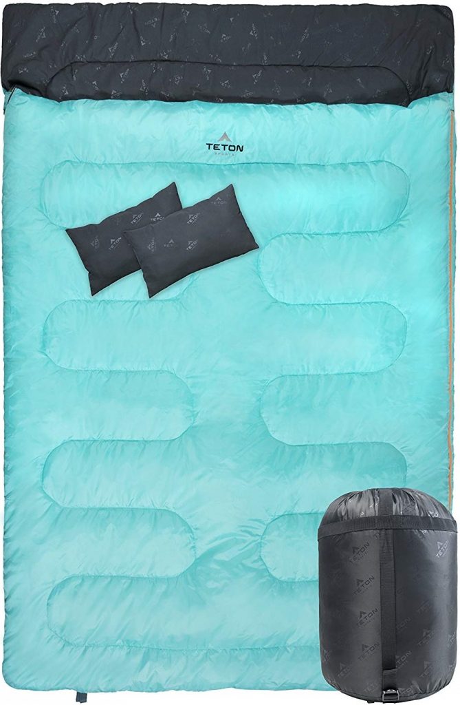 Teton Sports Cascade Double Sleeping Bag; Queen Size Sleeping Bag for Backpacking, Camping, Hiking, and Travel; With 2 Pillows; Lightweight Mammoth Double Bag; Teal; Compression Sack Included